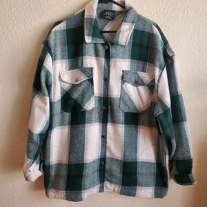 HFX Green White Flannel Plaid Warm Thick Button Up Plus Size Jacket Womens XL